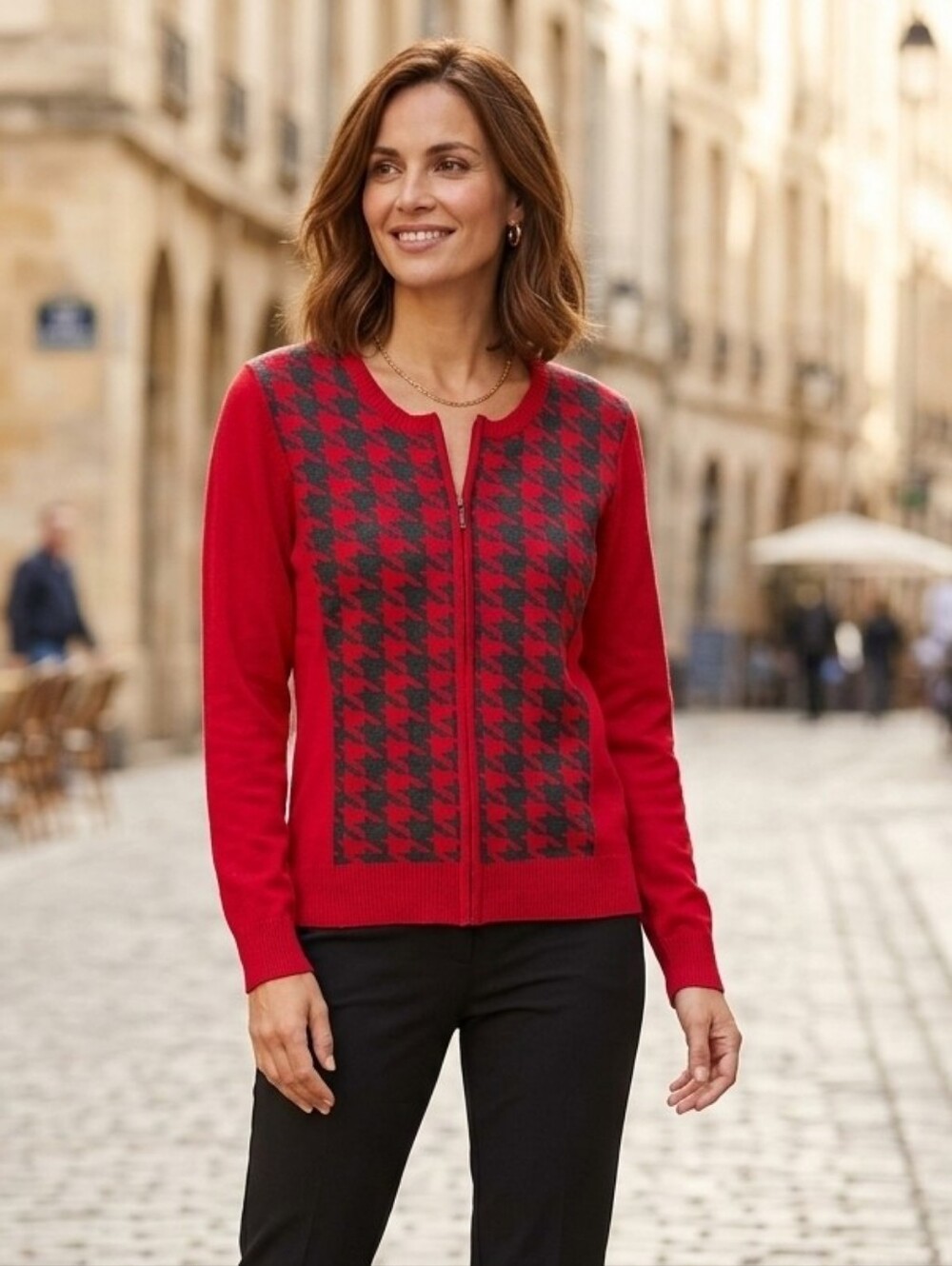 Renuar Red & Black Houndstooth Zip Cardigan Dark Academia Preppy Timeless US M